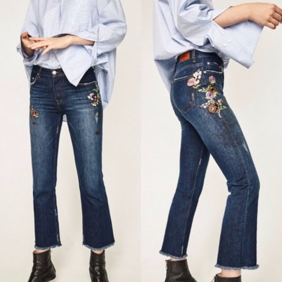NWT Zara Bootcut Cropped Embroidered Jeans Size 4 - Picture 1 of 11
